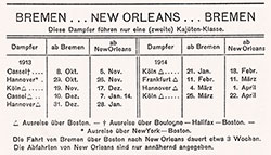 Sailing Schedule, Bremen-New Orleans-Bremen, from 8 October 1913 to 22 April 1914.