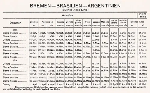 Sailing Schedule, Bremen-Brazil-Argentina (Buenos Aires Linie), from 13 September 1913 to 12 May 1914.