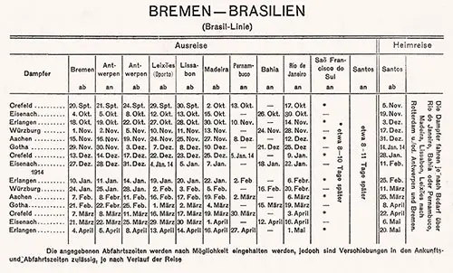 Sailing Schedule, Bremen-Brazil (Brazil Line), from 20 September 1913 to 20 May 1914.