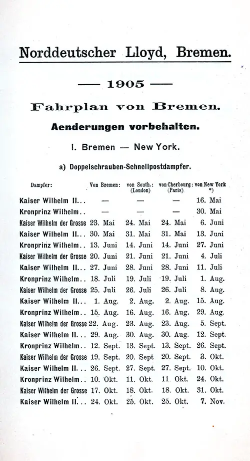 Sailing Schedule, Bremen-New York, from 16 May 1905 to 7 November 1905.