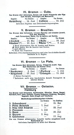 Sailing Schedule, Bremen-Cuba, Bremen-Brazil, Bremen-La Plata, Bremen or Hamburg-East Asia, from 27 May 1905 to 17 August 1905.