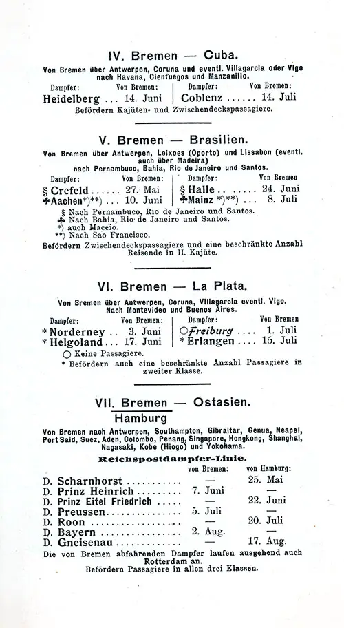 Sailing Schedule, Bremen-Cuba, Bremen-Brazil, Bremen-La Plata, Bremen or Hamburg-East Asia, from 27 May 1905 to 17 August 1905.