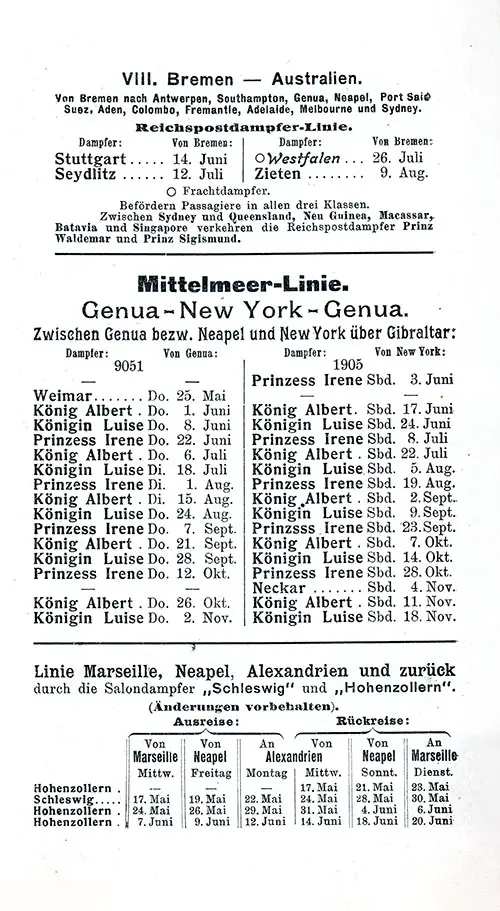 Sailing Schedule, Bremen-Australia, Genoa-New York-Genoa, Marseille-Naples-Alexandria-Naples-Marseille, from 17 May 1905 to 18 November 1905.