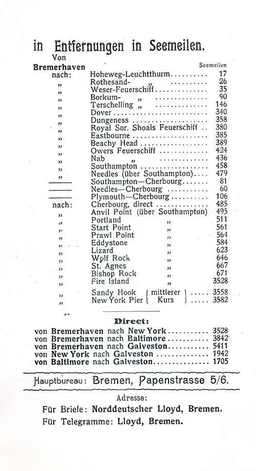 Table of Distances in Nautical Miles, SS Kaiser Wilhelm der Grosse First and Second Class Passenger List, 23 May 1905.