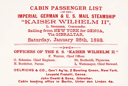 Constructed Title Page with Senior Officers and Staff, SS Kaiser Wilhelm II Cabin Passenger List, 28 January 1893.