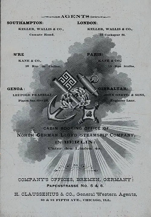 Back Cover, North German Lloyd SS Kaiser Wilhelm II Cabin Passenger List - 28 January 1893.