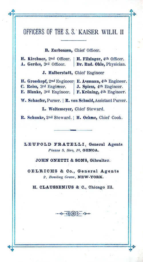 Senior Officers and Staff, SS Kaiser Wilhelm II Cabin Passenger List, 30 April 1896.