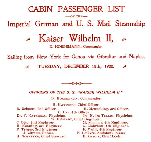 Constructed Title Page with Senior Officers and Staff, SS Kaiser Wilhelm II Cabin Passenger List, 18 December 1900.