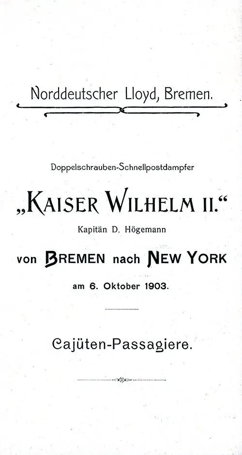 Title Page, SS Kaiser Wilhelm II Cabin Passenger List, 6 October 1903.