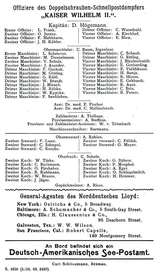 Senior Officers and Staff, SS Kaiser Wilhelm II Cabin Passenger List, 6 October 1903.