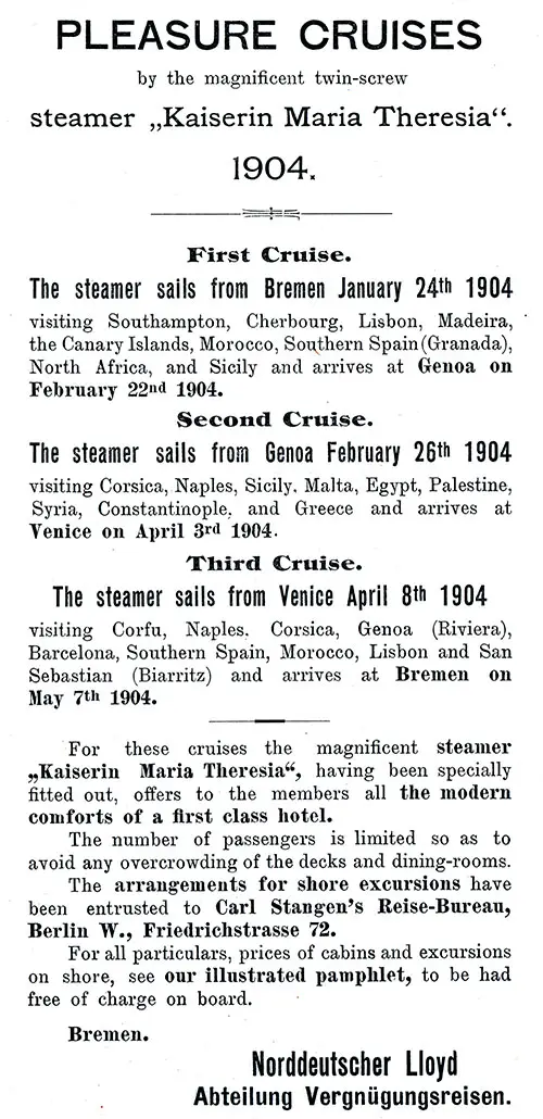 Advertisement: Pleasure Cruises by the SS Kaiserin Maria Theresia, 1904.