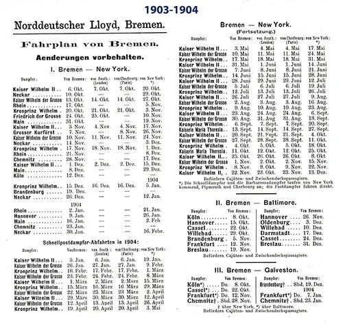 Sailing Schedule, Bremen-New York, Bremen-Baltimore, and Bremen-Galveston, from 6 October 1903 to 13 December 1904.