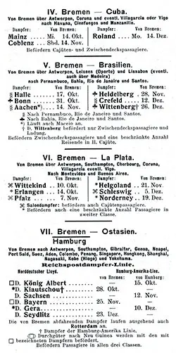 Sailing Schedule, Bremen-Cuba, Brasilian Ports, La Plata, or East Asia, from 10 October 1903 to 26 December 1903.