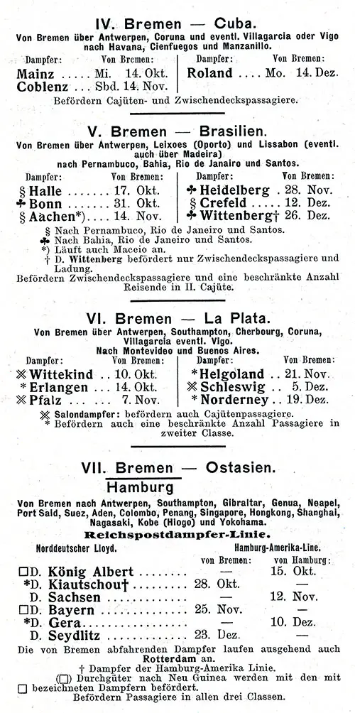 Sailing Schedule, Bremen-Cuba, Brasilian Ports, La Plata, or East Asia, from 10 October 1903 to 26 December 1903.