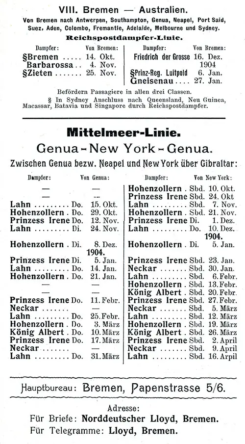 Sailing Schedule, Bremen-Australian Ports and Genoa-New York, from 14 October 1903 to 16 April 1904.