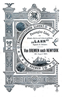 Front Cover, Norddeutscher Lloyd Steerage Class Passenger List from the SS Lahn on 29 August 1894.