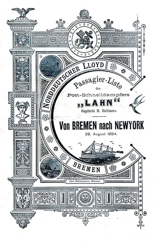 Front Cover, Steerage Passenger List for the SS Lahn of the North German Lloyd, Departing Tuesday, 28 August 1894 from Bremen to New York.