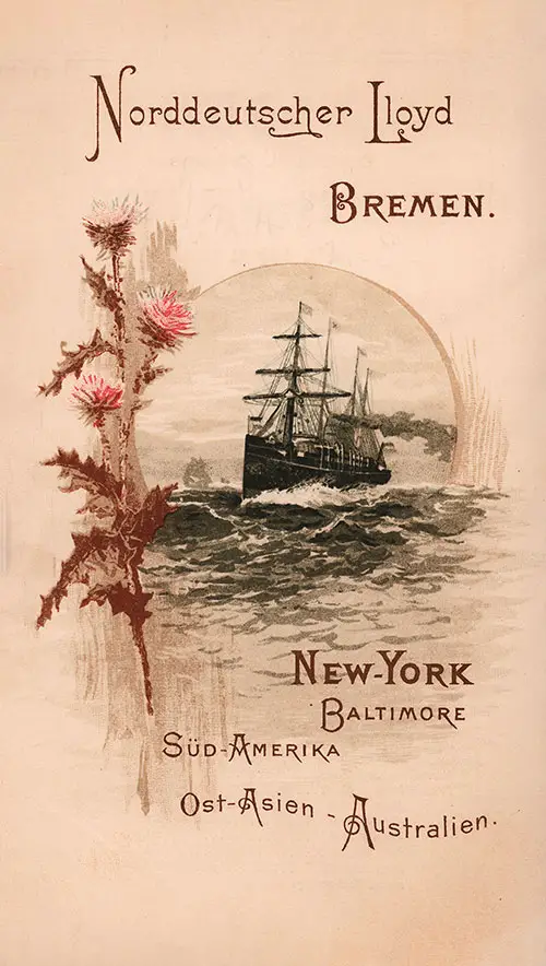 Front Cover, Cabin Passenger List for the SS Lahn of the North German Lloyd, Departing Tuesday, 18 August 1896 from Bremen to New York.