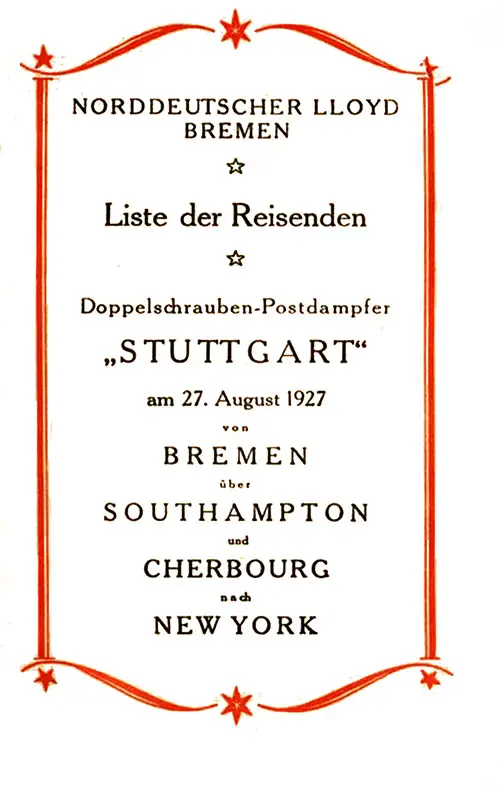 Title Page, SS Stuttgart First and Second Class Passenger List, 27 August 1927.
