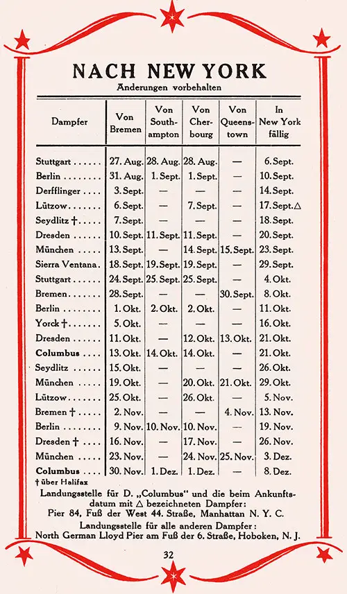 Westbound Sailing Schedule, Bremen-Southampton-Cherbourg-Queenstown-New York, from 27 August 1927 to 8 December 1927.