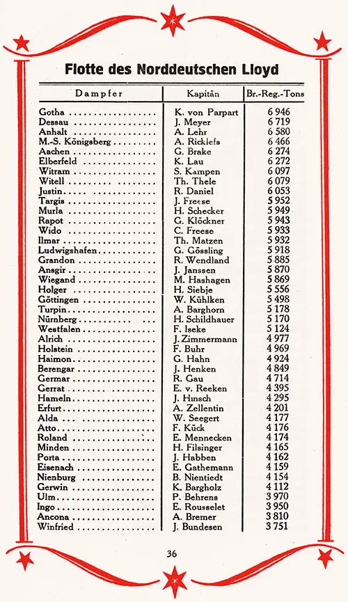 Norddeutscher Lloyd Fleet List, 1927, With Tonnage Between 6,946 and 3,751.