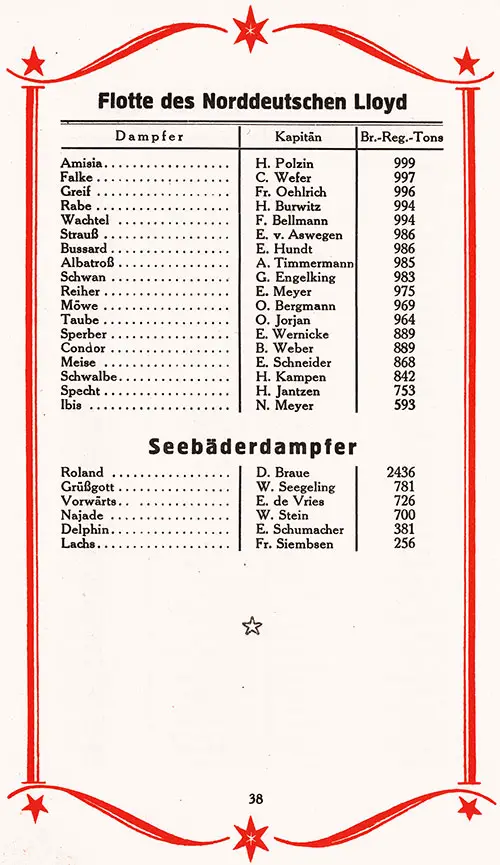 Norddetuscher Lloyd Fleet List, 1927, Tonnage from 999 to 593. Sea Bath Steamers, Tonnage from 2,436 to 256.