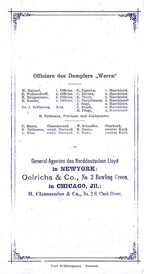 List of Officers, SS Werra Passenger List, 3 May 1890.