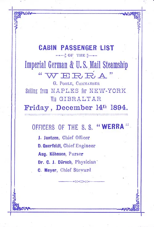 Constructed Title Page with Senior Officers, SS Werra Cabin Passenger List, 14 December 1894.