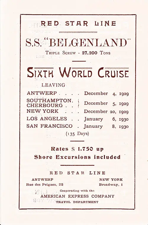 Advertisement: Red Star Line Belgenland 135-Day, Sixth World Cruise, Departing Antwerp 4 December 1929.