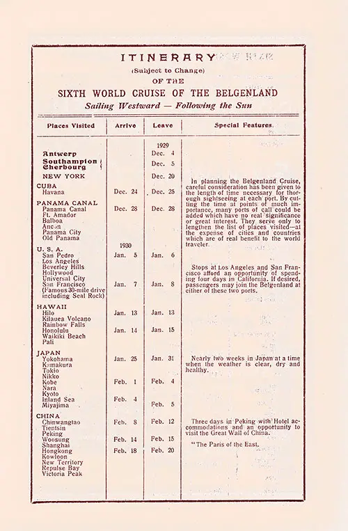 Sixth World Cruise, 1929, of the SS Belgenland Itinerary, Part 1 of 2.
