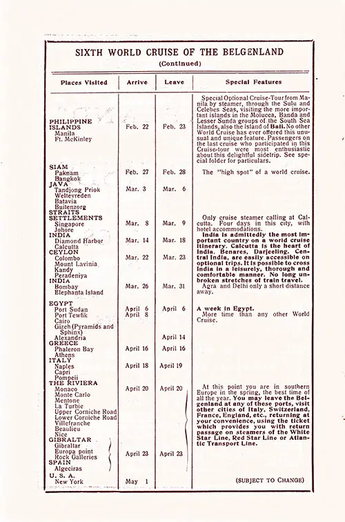 Sixth World Cruise, 1929, of the SS Belgenland Itinerary, Part 2 of 2.