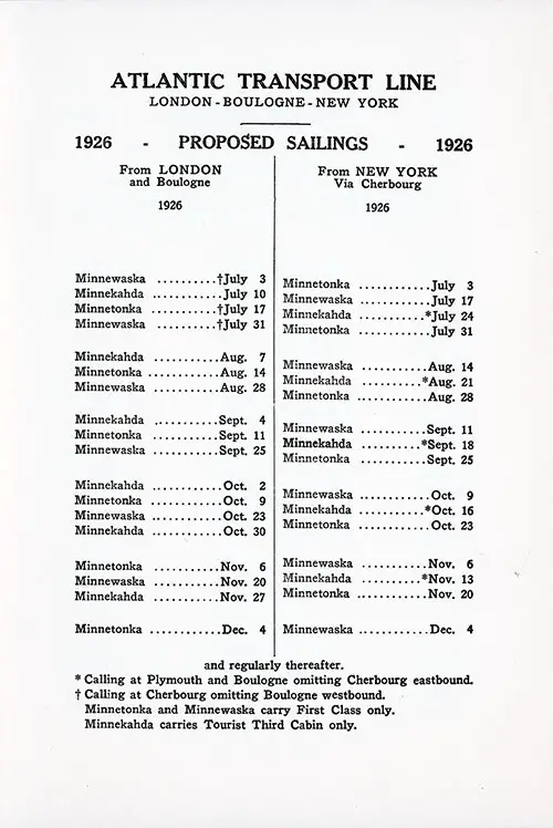 Proposed Sailings, Atlantic Transport Line, London-Boulogne-New York from 3 July 1926 to 4 December 1926.