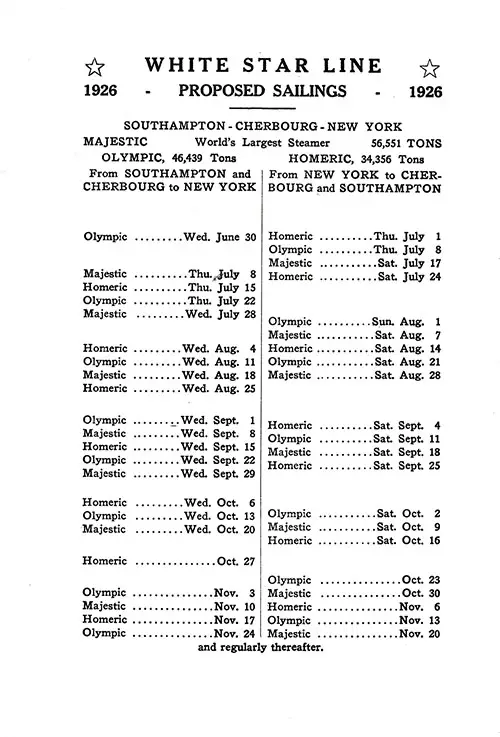 Proposed Sailings, White Star Line, Liverpool-Queenstown (Cobh)-New York, from 3 July 1926 to 27 November 1926.