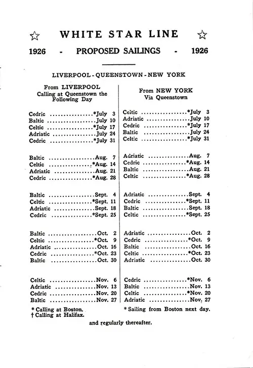 Proposed Sailings, White Star Line, Liverpool-Queenstown (Cobh)-New York, from 3 July 1926 to 27 November 1926.