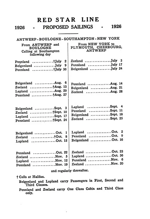 Proposed Sailings, Red Star Line, Antwerp-Boulogne-Southampton-New York, from 2 July 1926 to 20 November 1926.