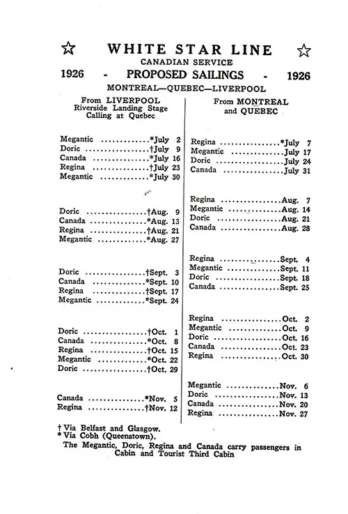 Proposed Sailings, White Star Line Canadian Service, Montréal-Québec-Liverpool, from 2 July 1926 to 27 November 1926.
