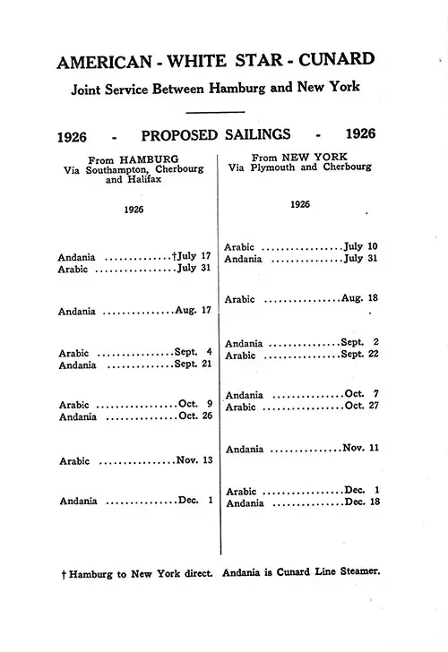 Proposed Sailings, American Line, White Star Line, Cunard Line, Joint Service Between Hamburg and New York, from 10 July 1926 to 18 December 1926.