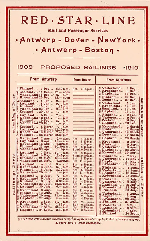 Sailing Schedule, Antwerp-Dover-New York, from 4 December 1909 to 24 September 1910.