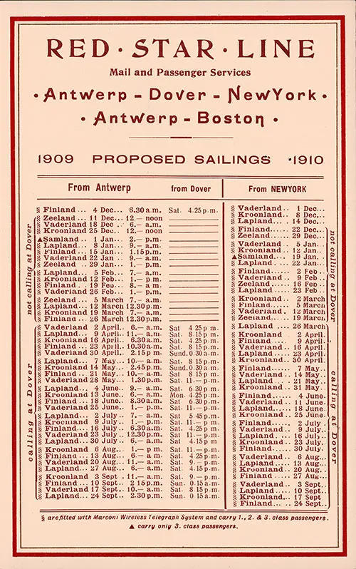 Proposed Sailings, Antwerp-Dover-New York, from 4 December 1909 to 24 September 1910.