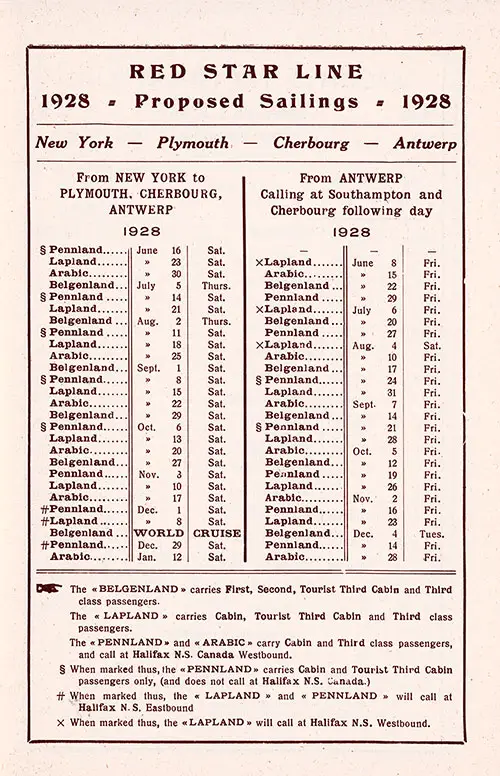 Sailing Schedule, New York-Plymouth-Cherbourg-Antwerp, and Antwerp-Southampton-Cherbourg-New York, from 8 June 1928 to 12 January 1929.