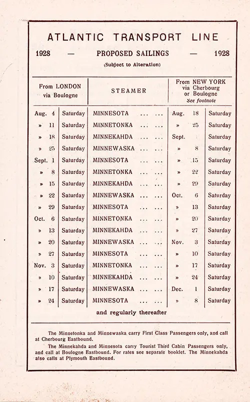 Sailing Schedule, London-Boulogne-New York and New York Cherbourg-Boulogne-London, from 4 August 1928 to 8 December 1928.
