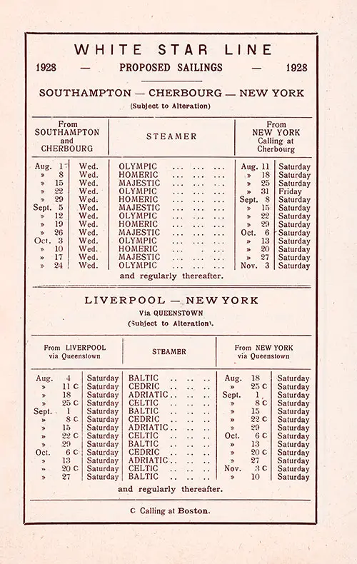 Sailing Schedule, Southampton-Cherbourg-New York and Liverpool-New York, from 1 August 1928 to 10 November 1928.