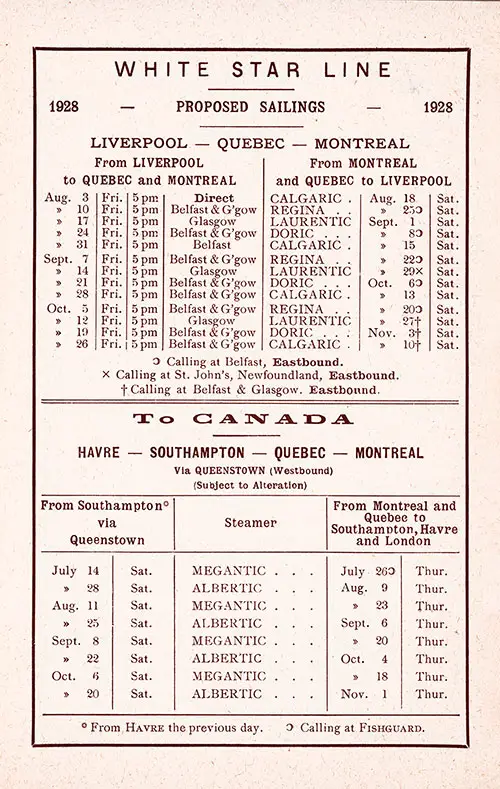 Sailing Schedule, Liverpool-Québec-Montréal and Le Havre-Southampton-Québec-Montréal, from 14 July 1928 to 10 November 1928.
