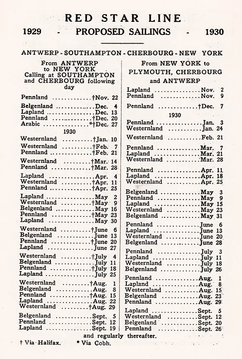 Sailing Schedule, Antwerp-Southampton-Cherbourg-New York, from 2 November 1929 to 26 September 1930.