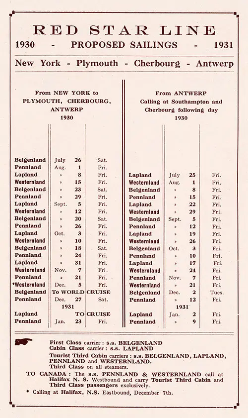 Sailing Schedule, New York-Plymouth-Cherbourg-Antwerp, from 25 July 1930 to 23 January 1931.
