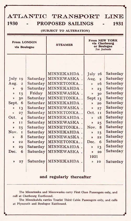 Sailing Schedule, London-Boulogne-New York and New York-Cherbourg-Boulogne-London, from 19 July 1930 to 10 January 1931.