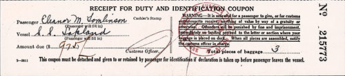 Receipt for Duty and Identification Coupon, US Customs, for Passenger Eleanor M. Tomlinson on the SS Lapland, August 1930.