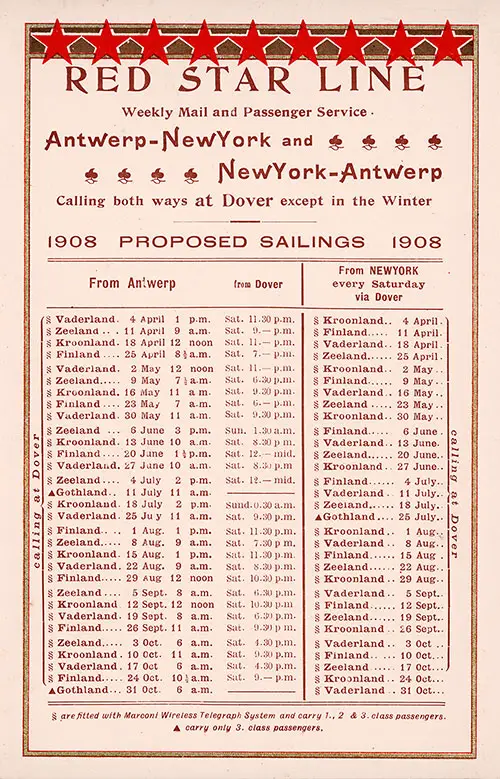 Proposed Sailings, Antwerp-Dover-New York, from 4 April 1908 to 31 October 1908.