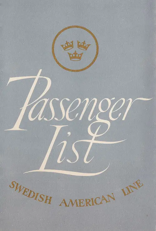 Front Cover of a First Class Passenger List from the SS Gripsholm of the Swedish American Line, Departing 22 October 1953 from Gothenburg To New York