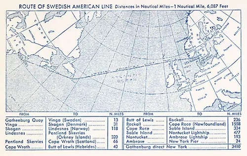 Route Map and Table of Distances, SS Gripsholm First Class Passenger List, 22 October 1953.